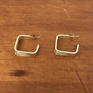 Gold Plated Stainless Steel Triple Square Hoop Earrings Secure Lock Back Clasp